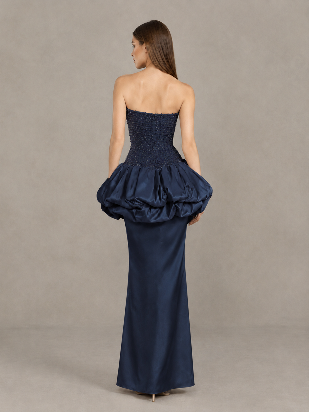 BOLODOO Navy Blue Strapless Embellished Bubble Peplum Evening Dress - Navy Blue - Navy Blue_2