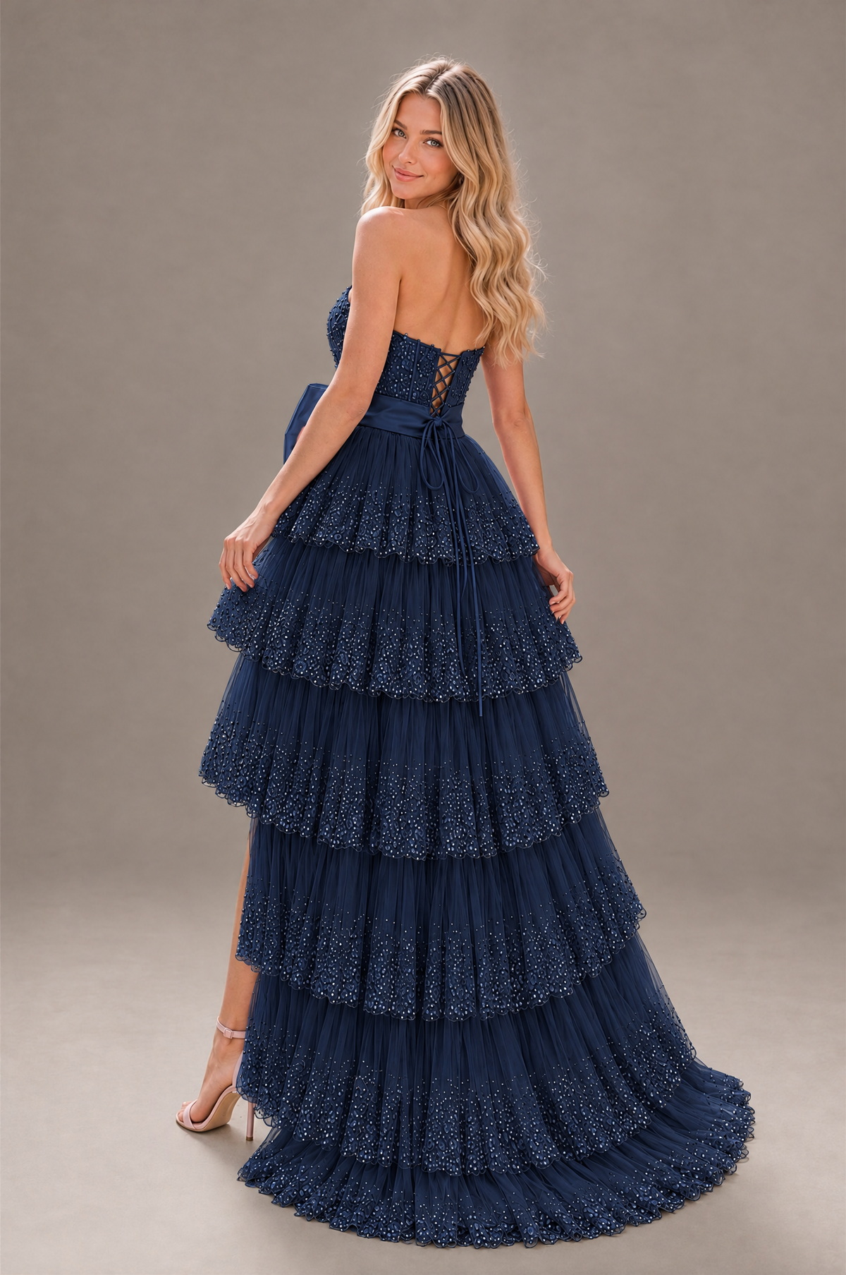 BOLODOO Navy Blue Strapless Tiered Tulle Prom Dress with Bow - Navy Blue - Navy_Blue_2