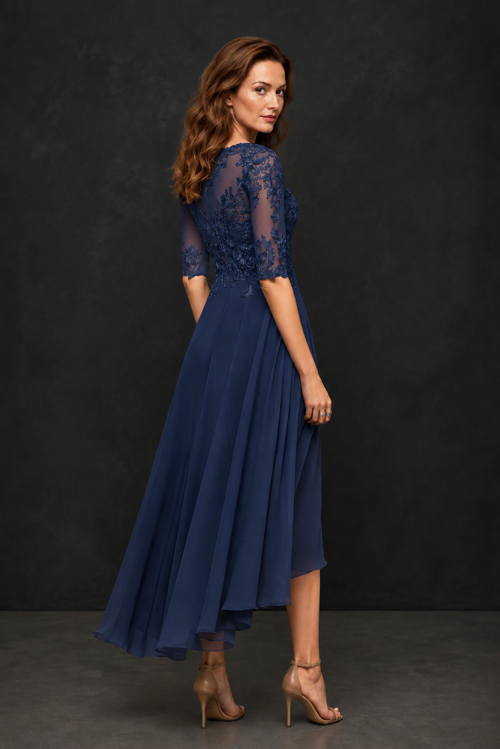 BOLODOO Navy Blue Illusion Lace 3/4 Sleeve Hi-Lo Chiffon A-Line Dress | Mother of the Bride Tea Length Dress - Navy Blue