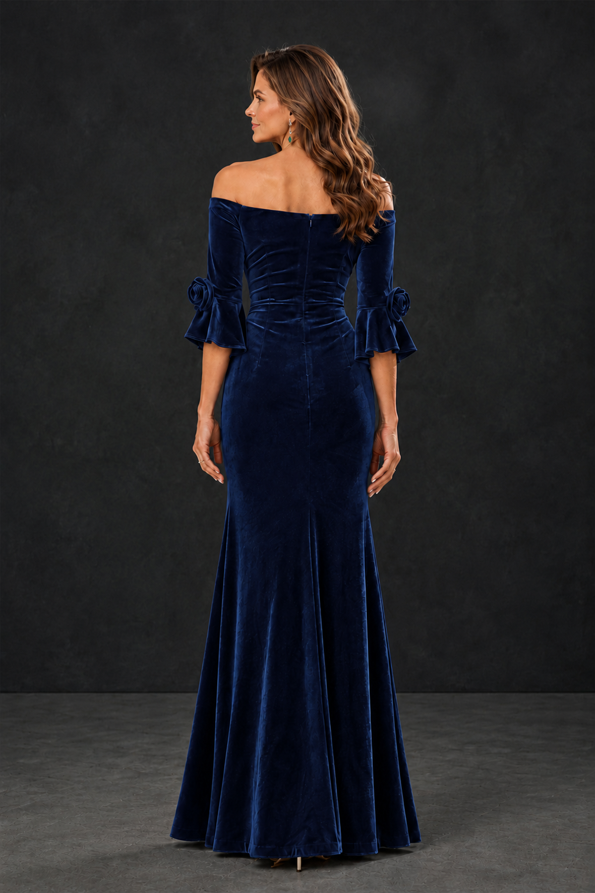 BOLODOO Navy Blue Velvet Mother of the Bride Dress with Rosette Sleeves - Navy Blue - Navy_Blue_2