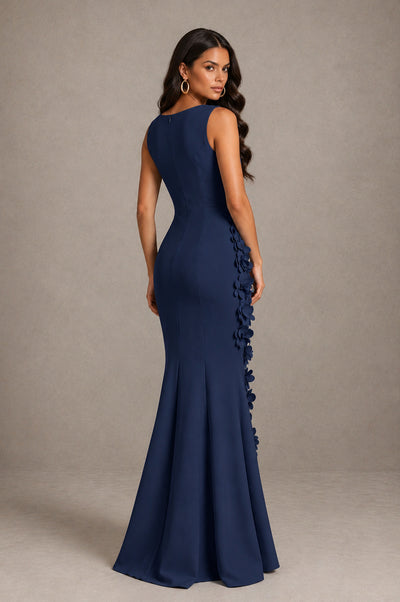 BOLODOO Navy Blue Bateau Neck Sleeveless Asymmetric Peplum 3D Petal Appliqué Mermaid Gown BD0421 - Navy Blue - Navy Blue_2