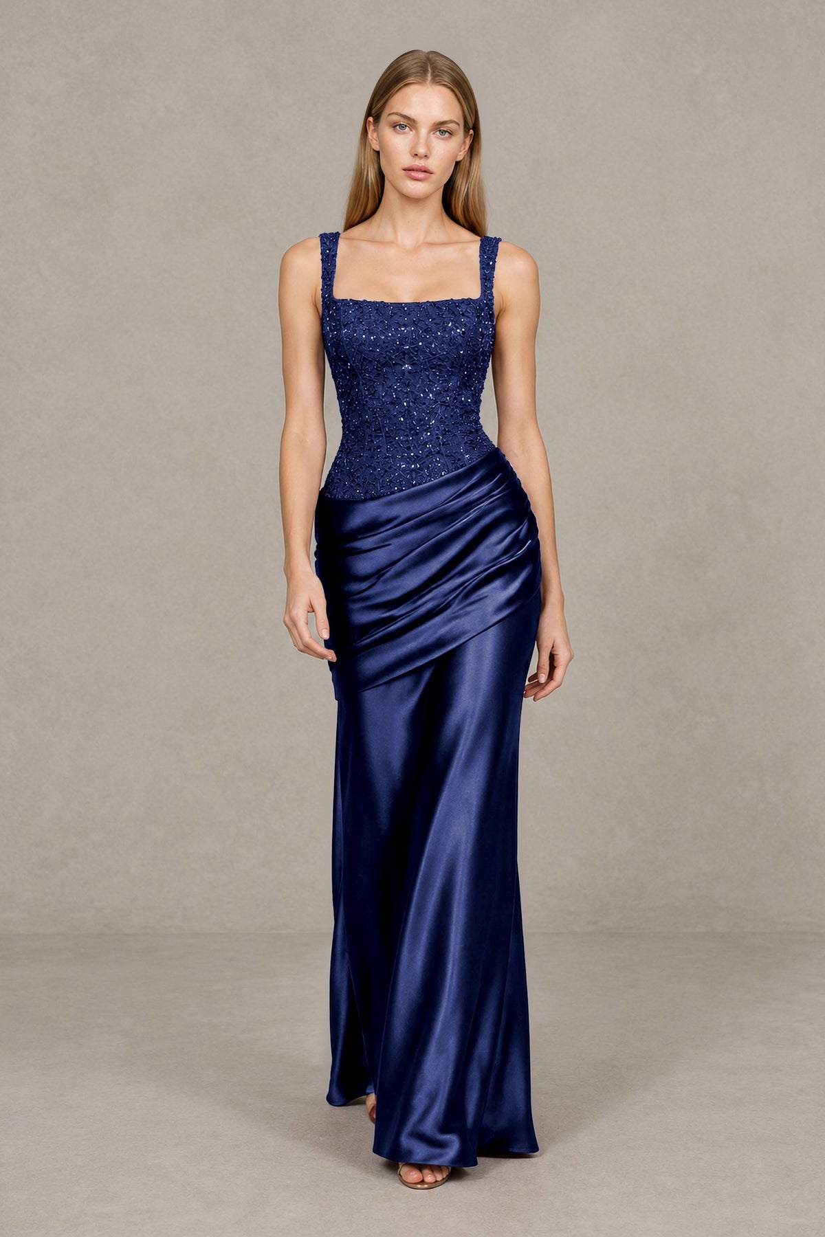 BOLODOO Navy Blue Square Neck Embellished Satin Evening Gown - Navy Blue