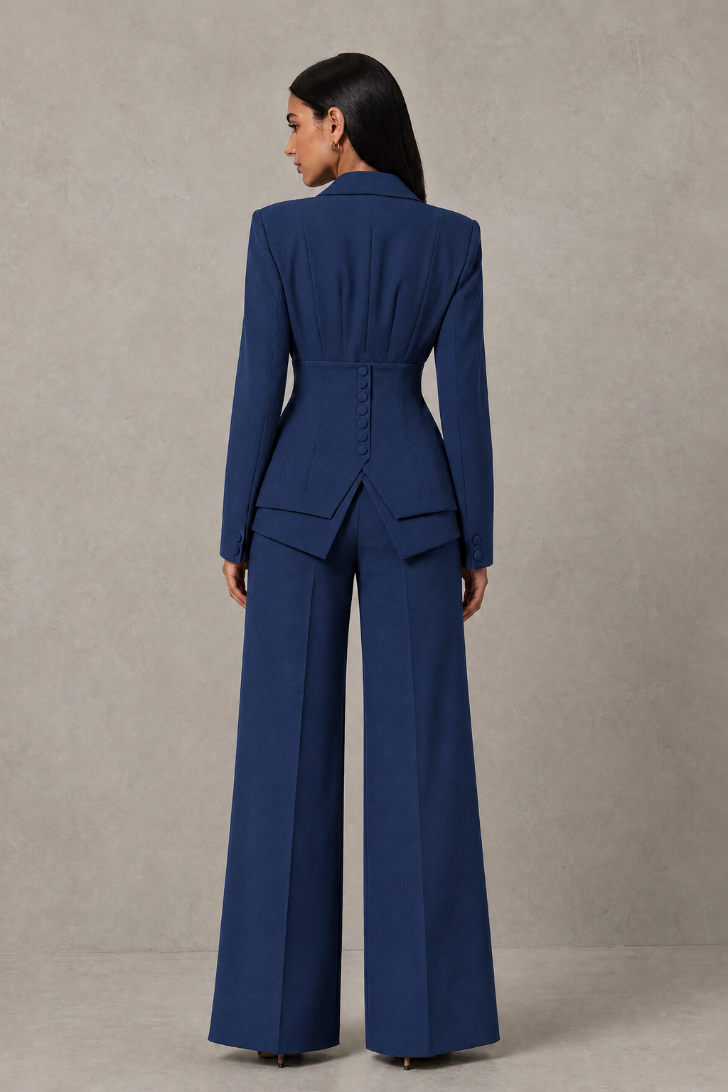 BOLODOO Navy Blue Cinched Waist Blazer and Wide Leg Pants Two Piece Suit Set - Navy Blue