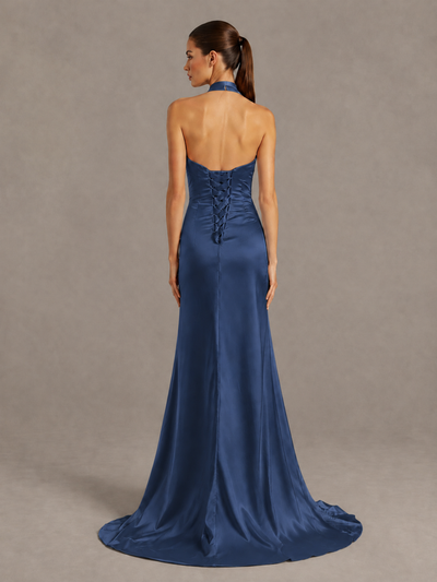 BOLODOO Navy Blue Halter Satin Evening & Prom Dress with High Slit - Navy Blue - Navy Blue_2