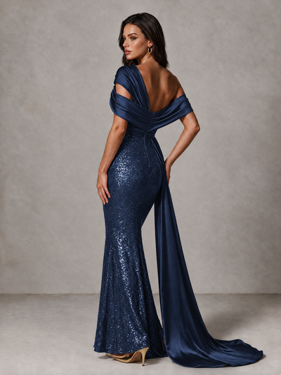 BOLODOO Navy Blue Sequin Mermaid Evening Dress with Off-Shoulder Satin Drape and Sweep Train - Navy Blue - Navy Blue_2