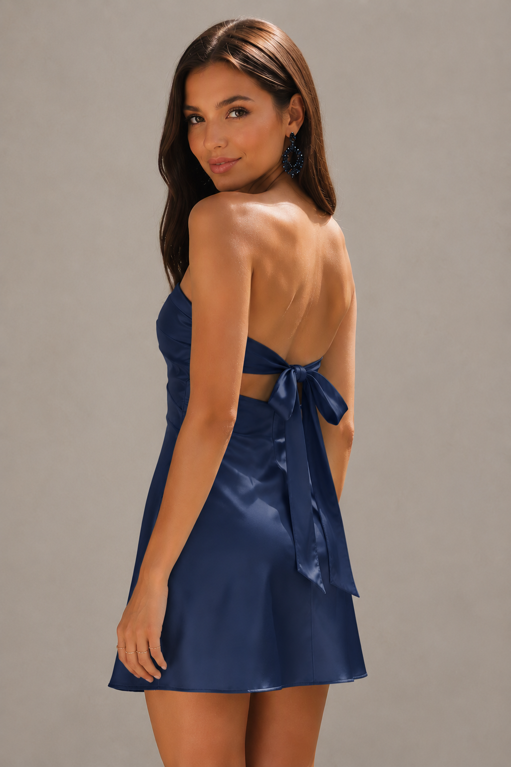 BOLODOO Mint Navy Blue Satin Strapless Twist Cutout Mini Dress with Bow-Tie Open Back - Navy Blue