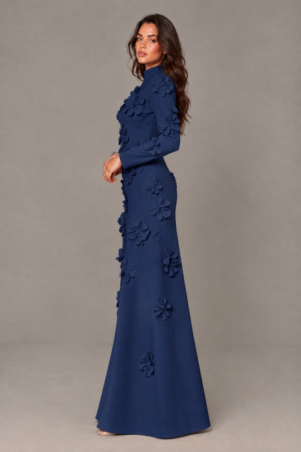 BOLODOO Navy Blue High Neck Long Sleeve 3D Floral Evening Gown - Navy Blue