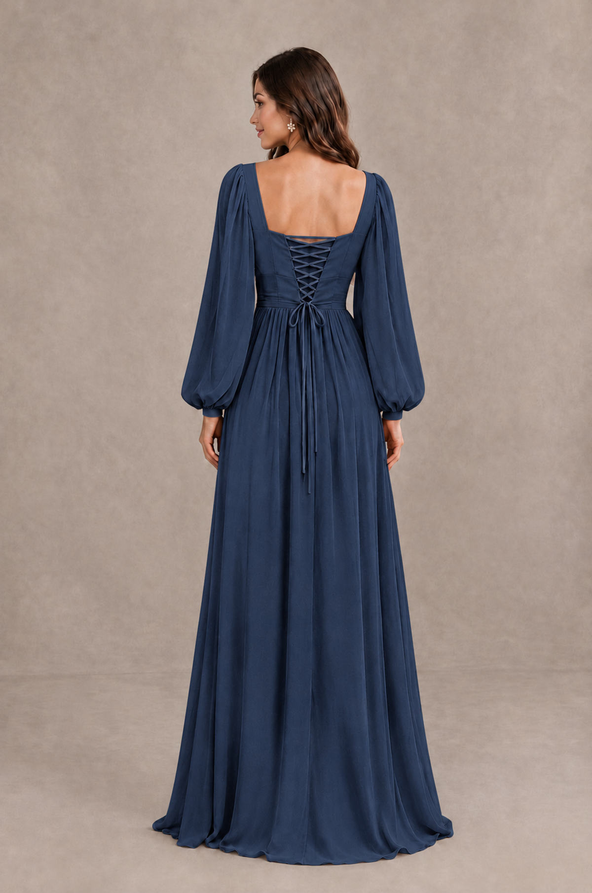 BOLODOO Navy Blue Long Sleeve V-Neck A-Line Bridesmaid Dress - Navy Blue - Navy Blue_2