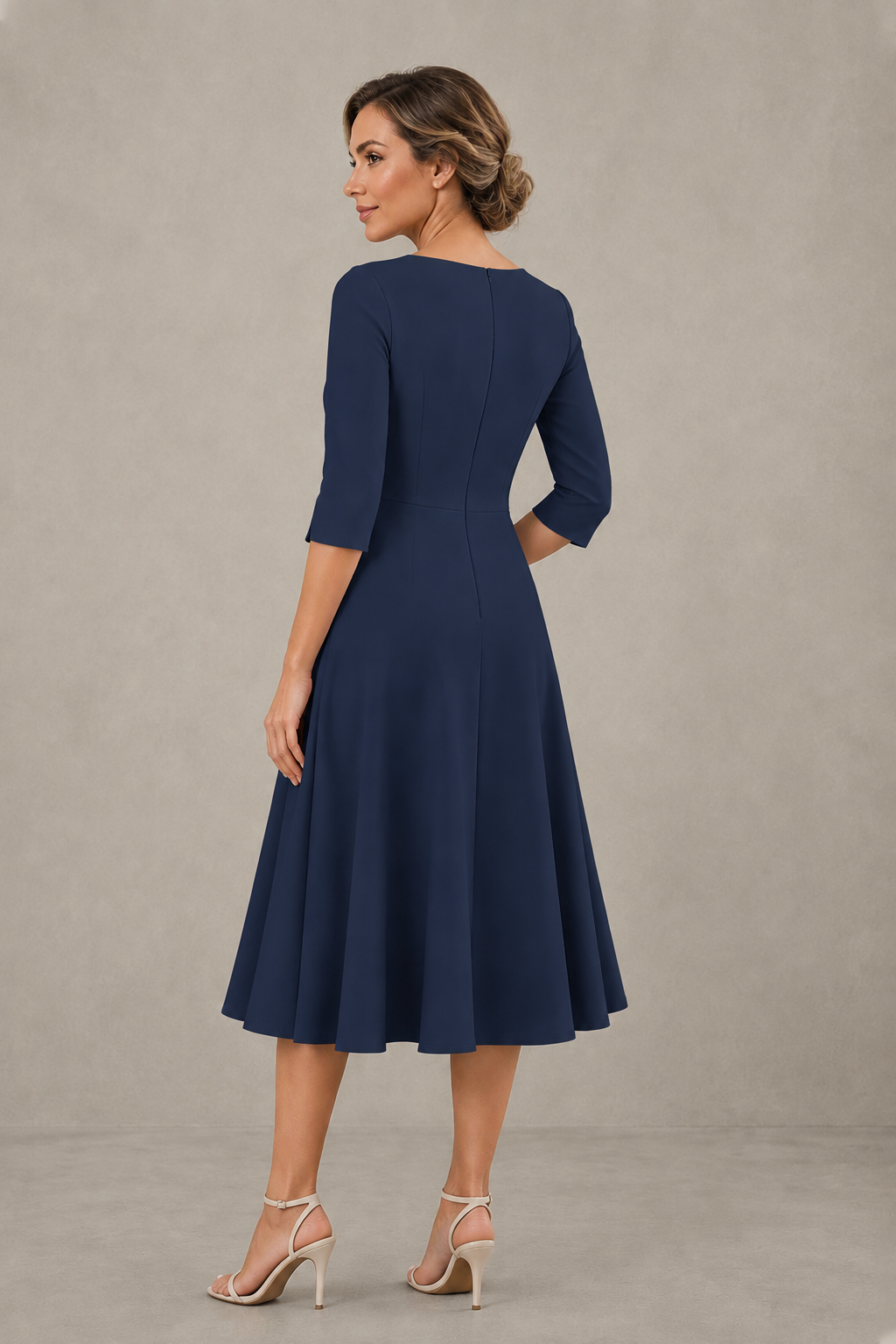 BOLODOO Navy Blue 3/4 Sleeve A-Line Dress with Floral Embroidery – Mother of the Bride & Wedding Guest Dress - Navy Blue