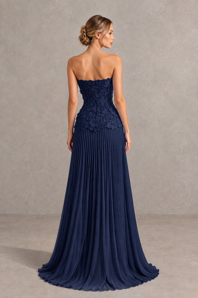 BOLODOO Navy Blue Strapless Floral Applique Pleated Evening Dress - Navy Blue - Navy Blue_2