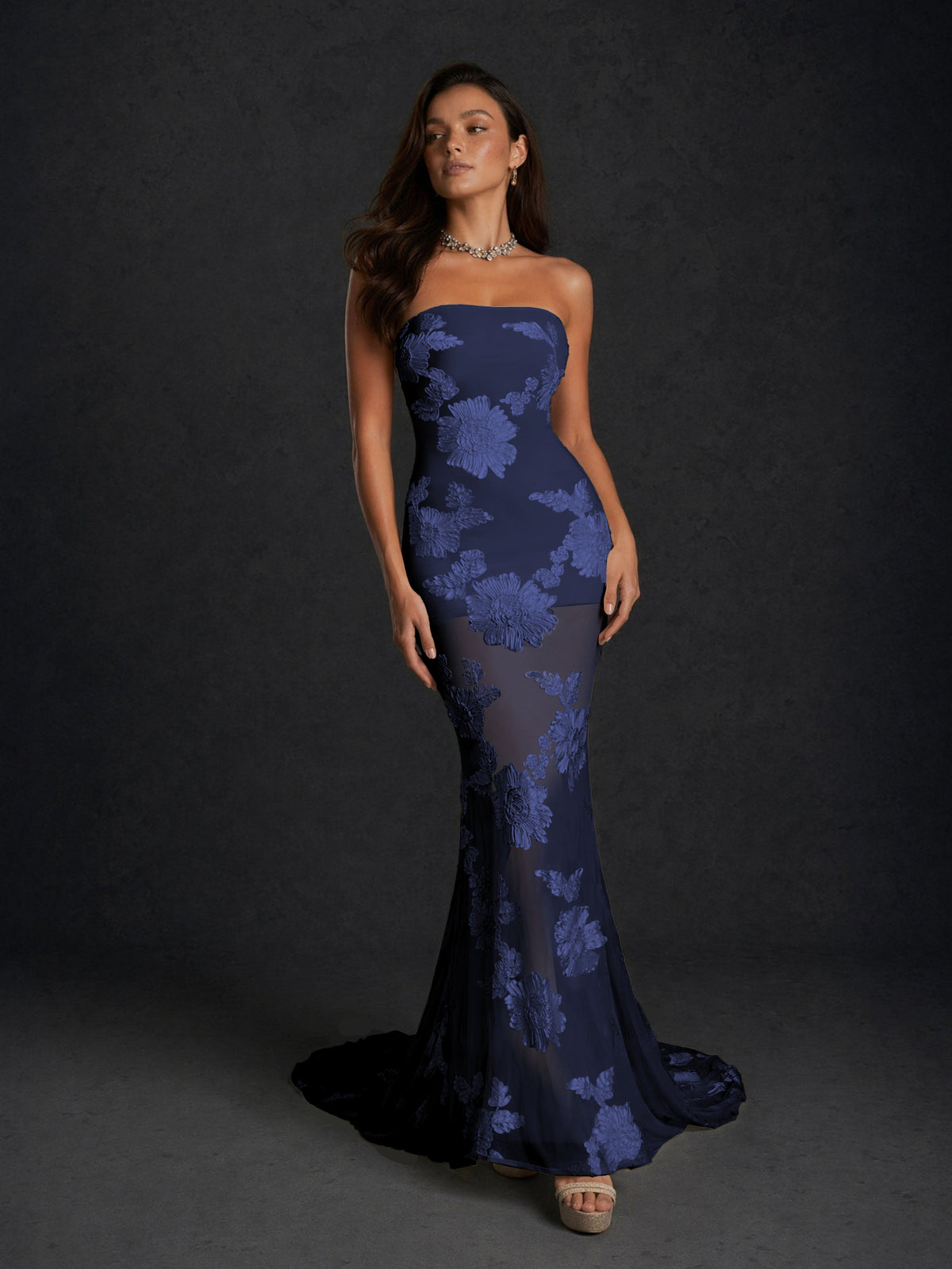 BOLODOO Navy Blue Champagne Gold Floral Sequin Embroidered Mesh Strapless Open Back Mermaid Maxi Dress with Train - Navy Blue