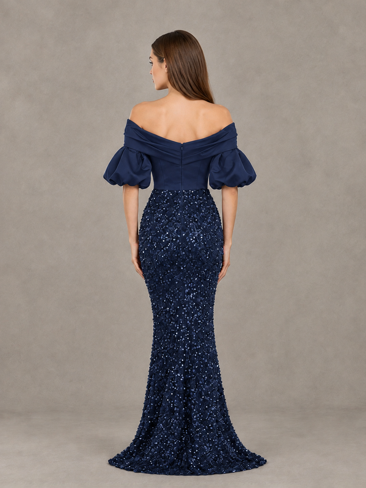 BOLODOO Navy Blue Off-Shoulder Puff Sleeve Sequin Mermaid Evening Dress - Navy Blue - Navy Blue_2