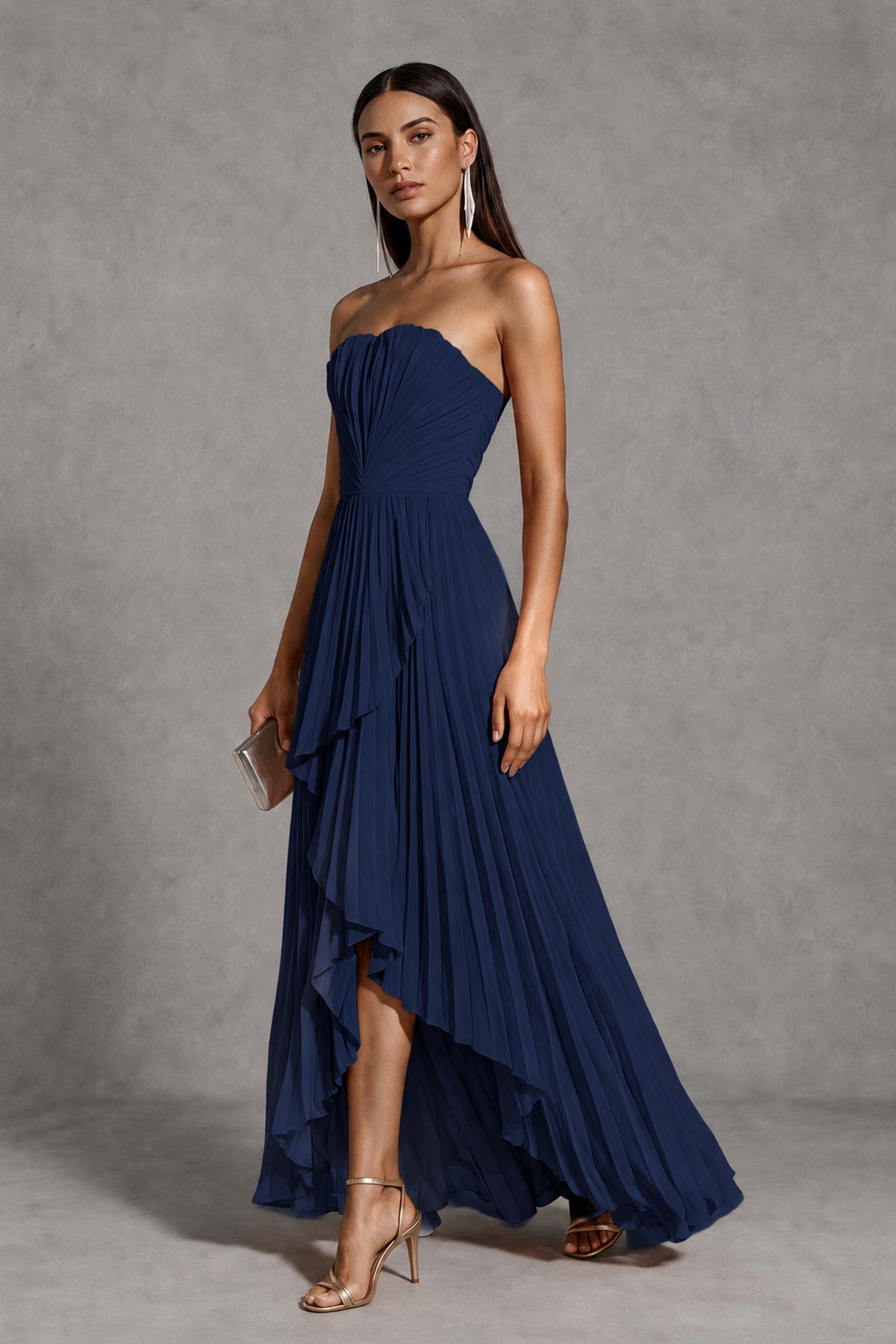 Navy Blue Strapless Pleated High-Low Evening Gown with Ruffle Hem - Navy Blue