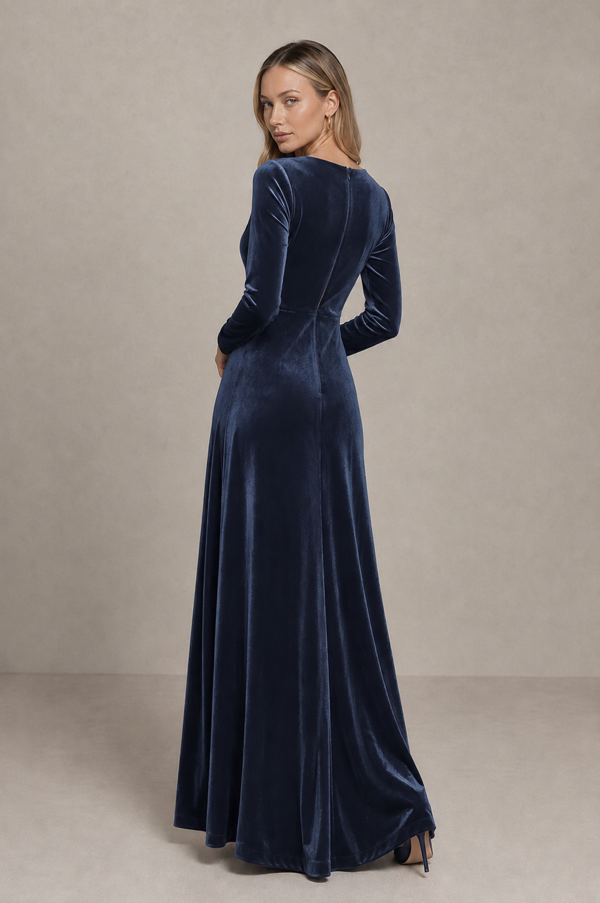 BOLODOO Navy Blue Velvet Long Sleeve V-Neck Ruched Evening Dress - Navy Blue - Navy_Blue_2