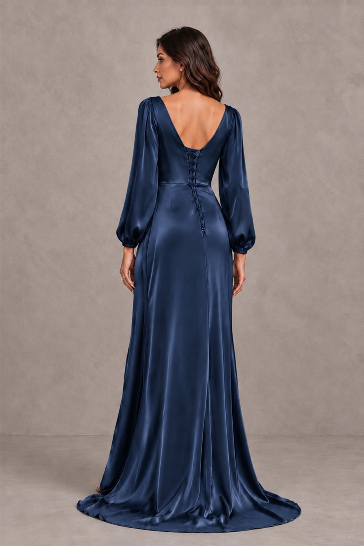 BOLODOO Navy Blue Satin-Look Long Sleeve Evening Dress with High Slit - Navy Blue - Navy Blue_2