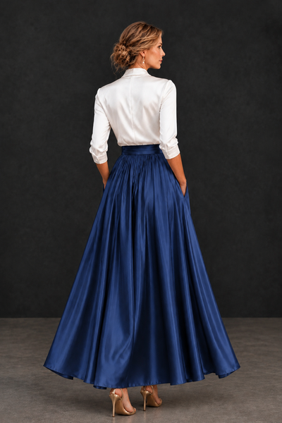 BOLODOO Navy Blue and White V-Neck A-Line Mother of the Bride Dress - Navy Blue - Navy Blue_2