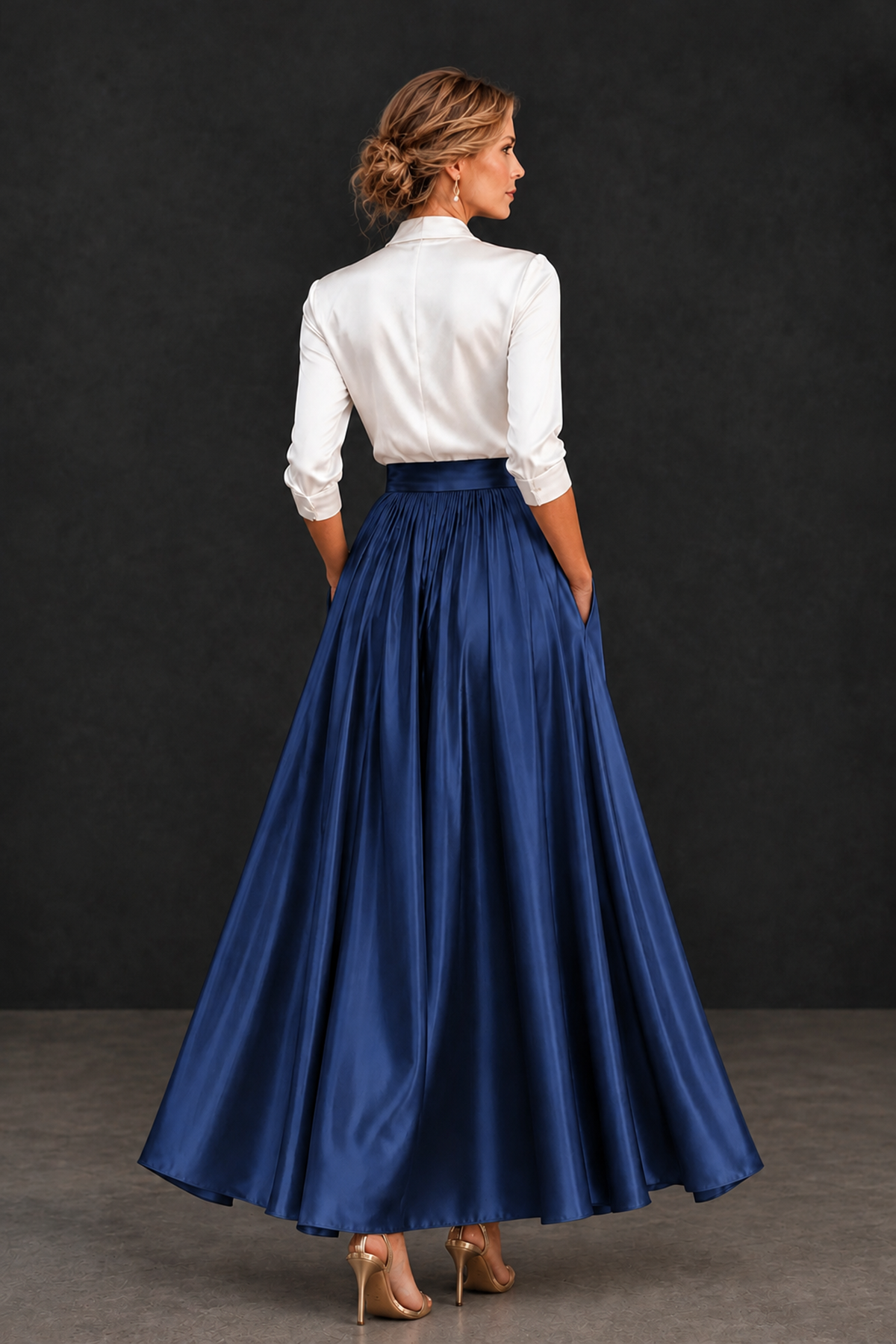 BOLODOO Navy Blue and White V-Neck A-Line Mother of the Bride Dress - Navy Blue - Navy Blue_2