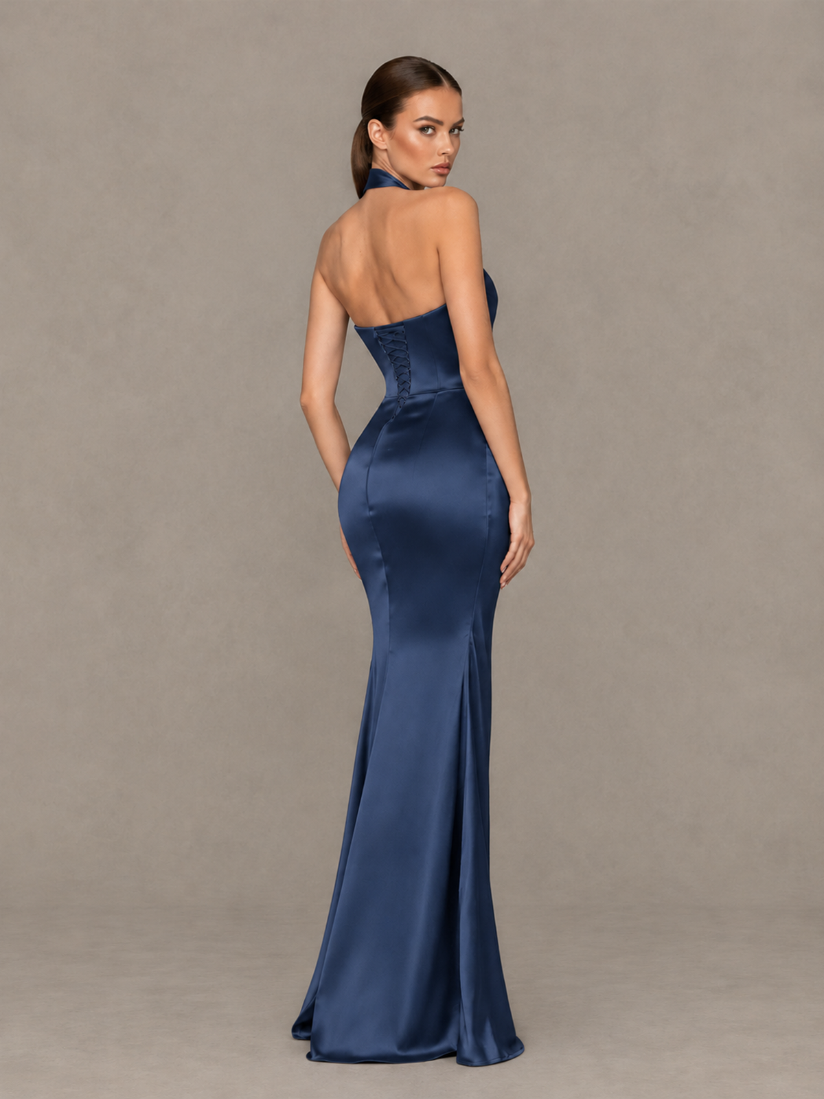 BOLODOO Navy Blue Cross-Halter Ruched Satin-Look Evening Gown with High Slit - Navy Blue - Navy Blue_2