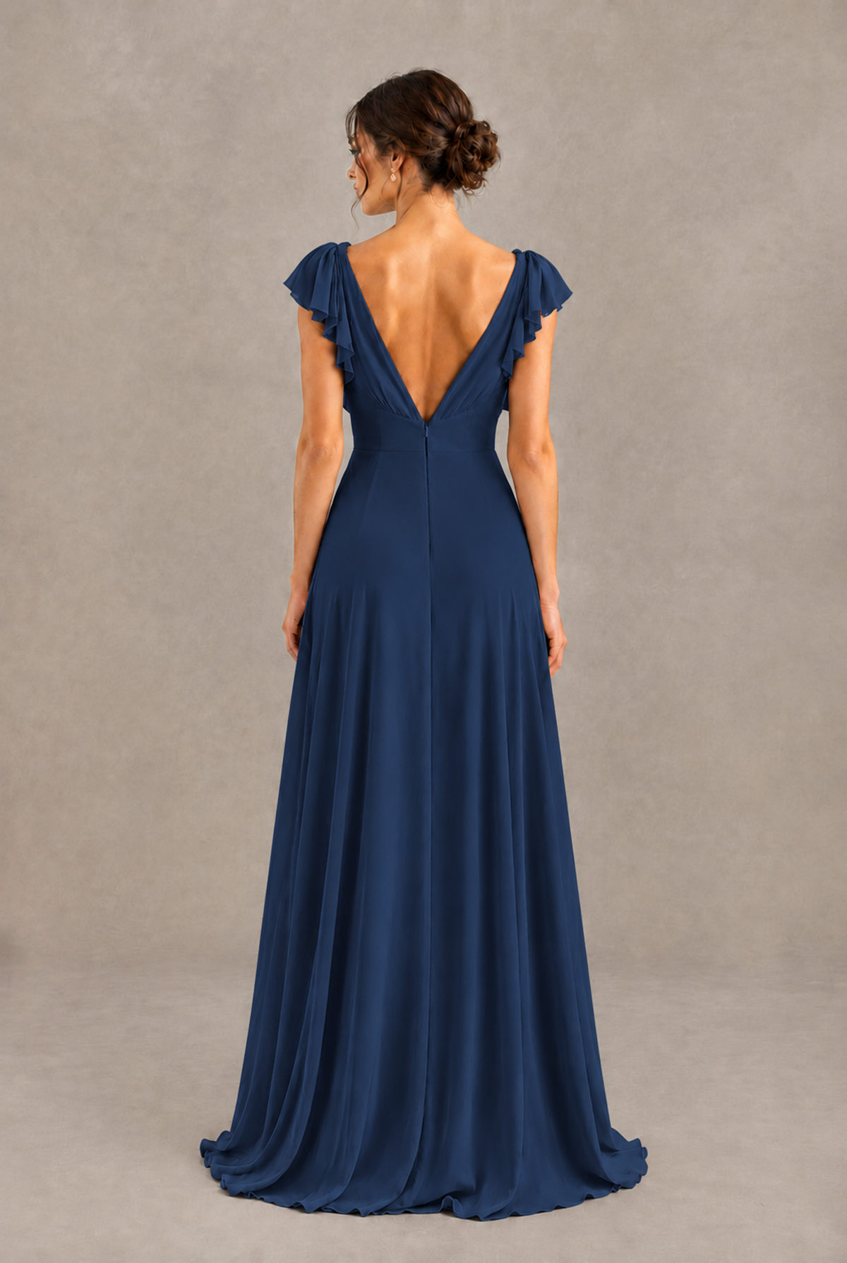 BOLODOO Navy Blue V-Neck Flutter Sleeve A-Line Bridesmaid Dress - Navy Blue - Navy Blue_2