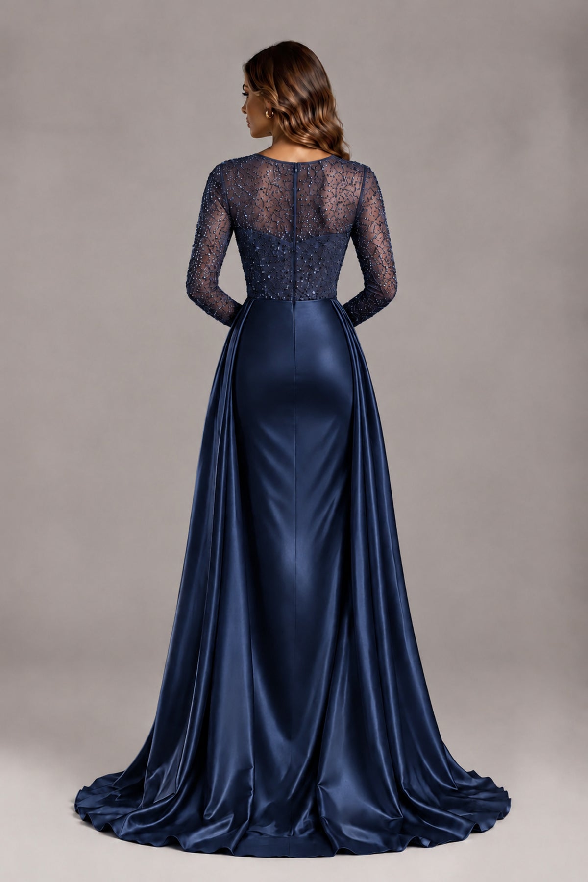 BOLODOO Navy Blue Long Sleeve Embellished Satin Evening Gown with Sweep Train - Navy Blue - Navy Blue_2