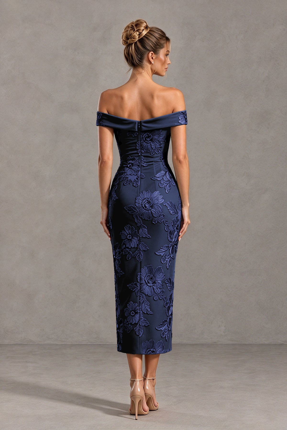 BOLODOO Navy Blue Off Shoulder Floral Jacquard Midi Dress - Navy Blue - Navy Blue(2)
