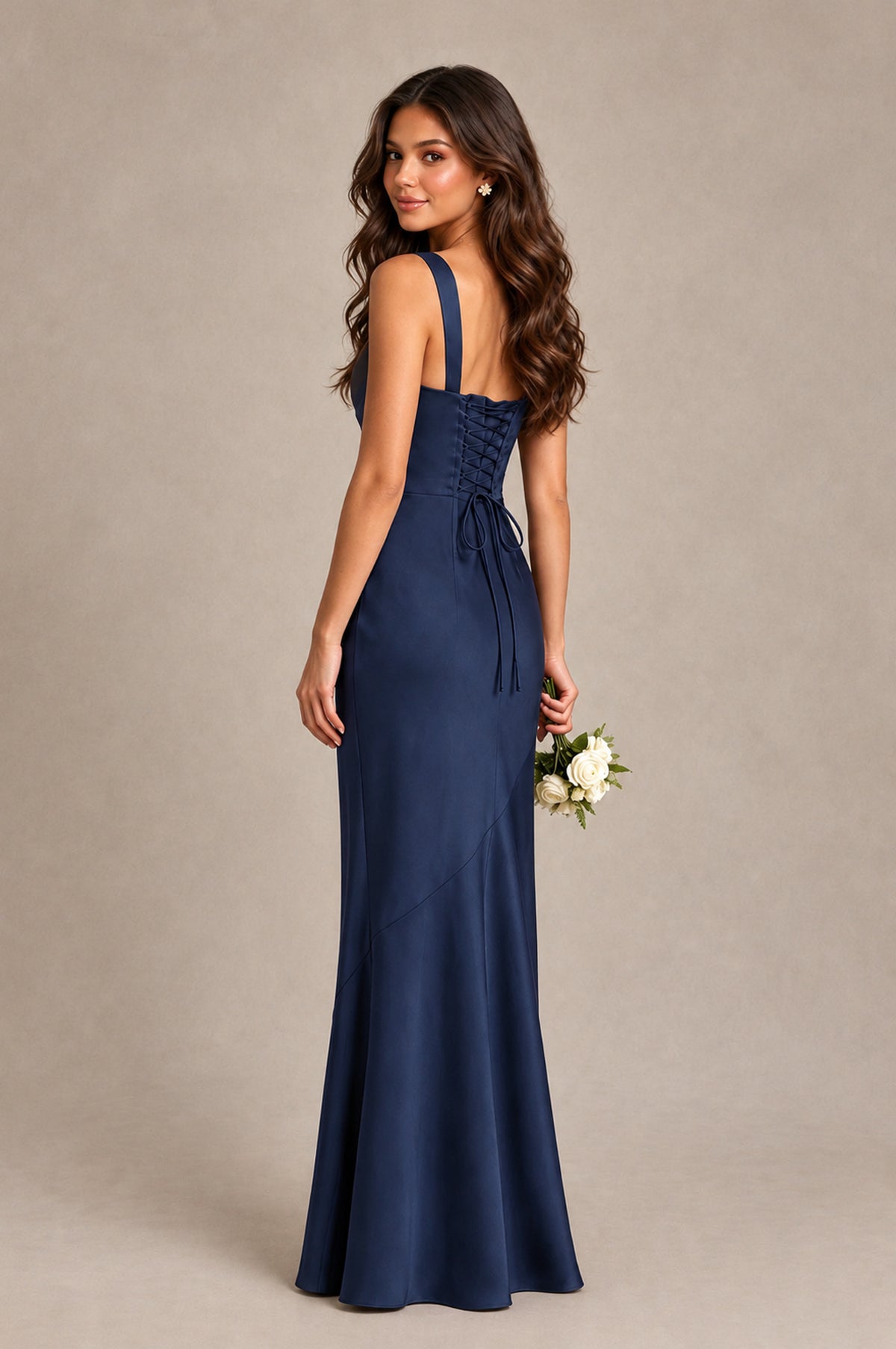 BOLODOO Navy Blue Square Neck Ruched Satin Lace-Up Bridesmaid Dress - Navy Blue - Navy Blue_2