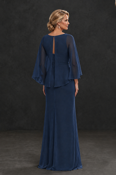 BOLODOO Navy Blue Cape Sleeve Mother of the Bride Dress with Ruched Waist - Navy Blue - Navy Blue_2