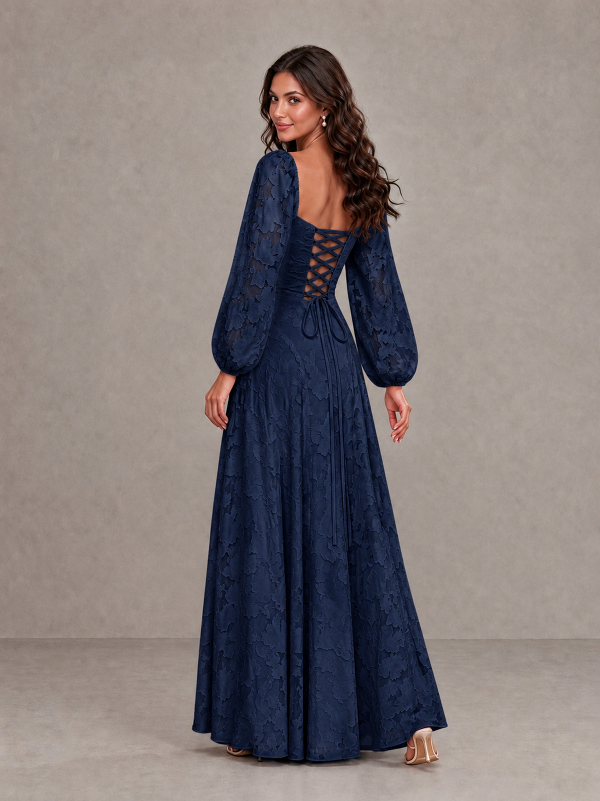 BOLODOO Navy Blue Floral Long Sleeve A-Line Bridesmaid Dress - Navy Blue - Navy Blue_2