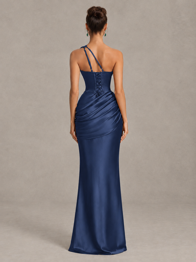 BOLODOO Navy Blue One-Shoulder Cutout Satin Mermaid Prom Dress - Navy Blue - Navy Blue_2