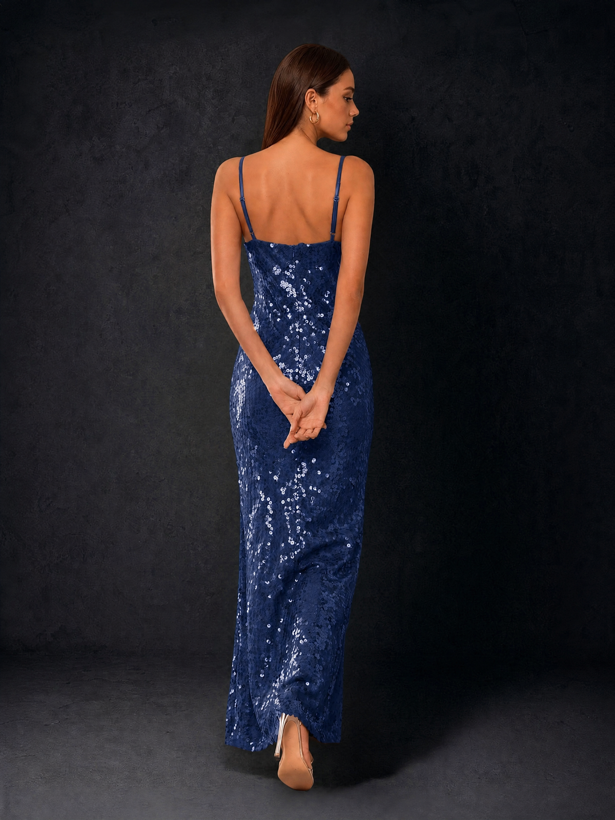 BOLODOO Bronze Sequin Cowl Neck Spaghetti Strap Mermaid Maxi Dress with Open Criss-Cross Back - Navy Blue - Navy Blue