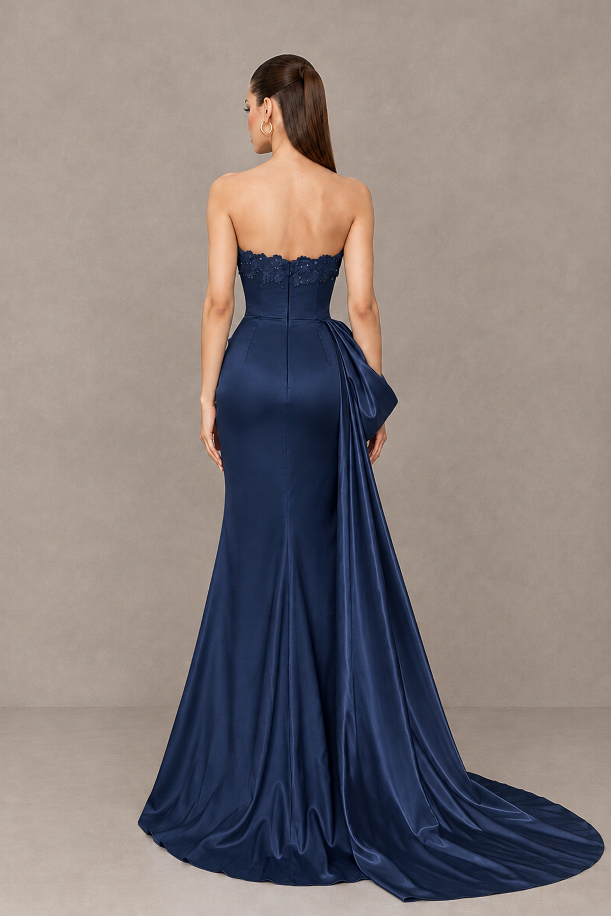 BOLODOO Navy Blue Strapless Satin Prom Dress with Draped Side Train - Navy Blue - Navy_Blue_2