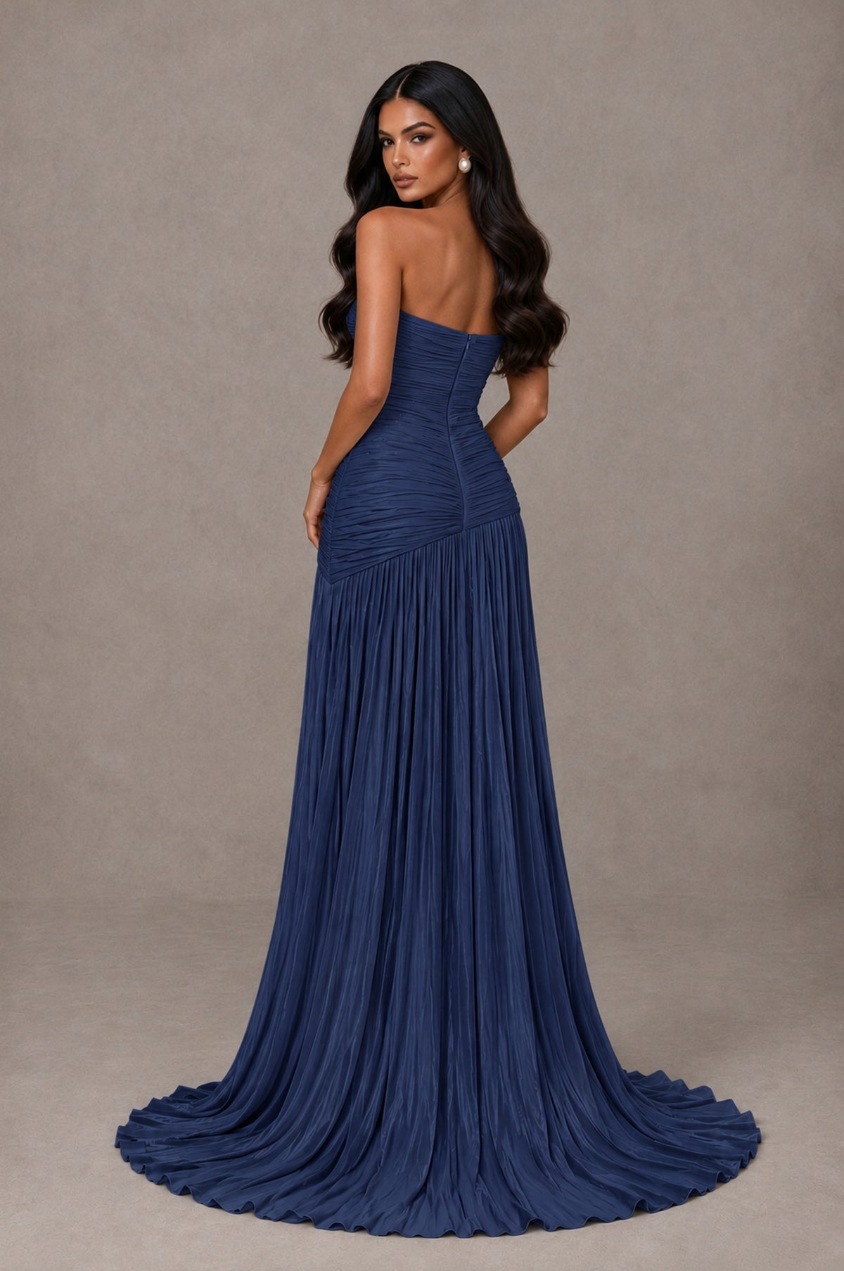 BOLODOO Navy Blue Metallic Ruched Strapless Pleated A-Line Backless Maxi Dress with Train - Navy Blue - Navy Blue_2