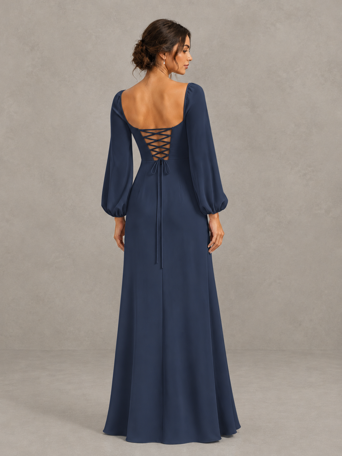 BOLODOO Navy Blue Square Neck Long Sleeve Bridesmaid Dress with High Slit - Navy Blue - Navy Blue_2
