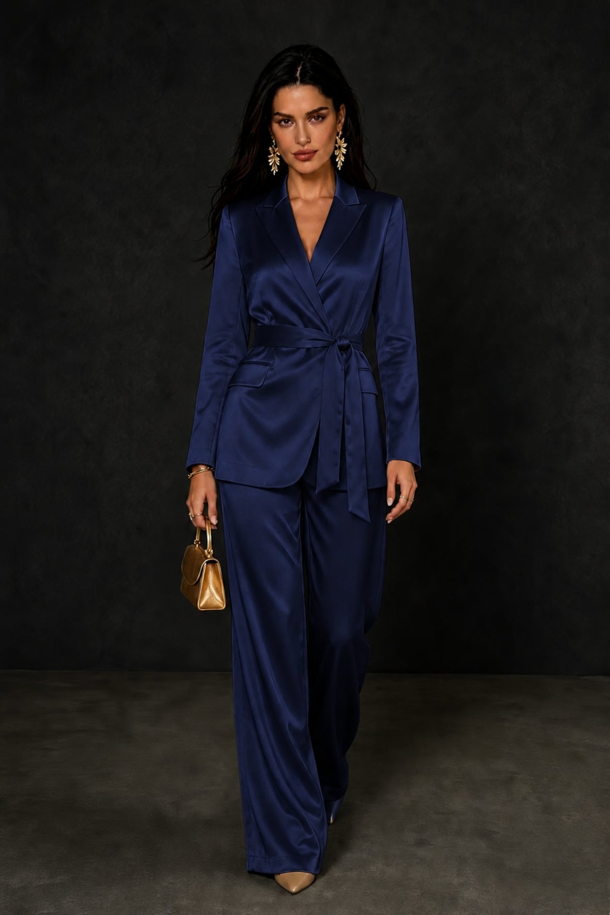 BOLODOO Navy Blue Satin Wrap Blazer Wide-Leg Pants Two-Piece Suit Set – Evening Gala Wedding Guest - Navy Blue