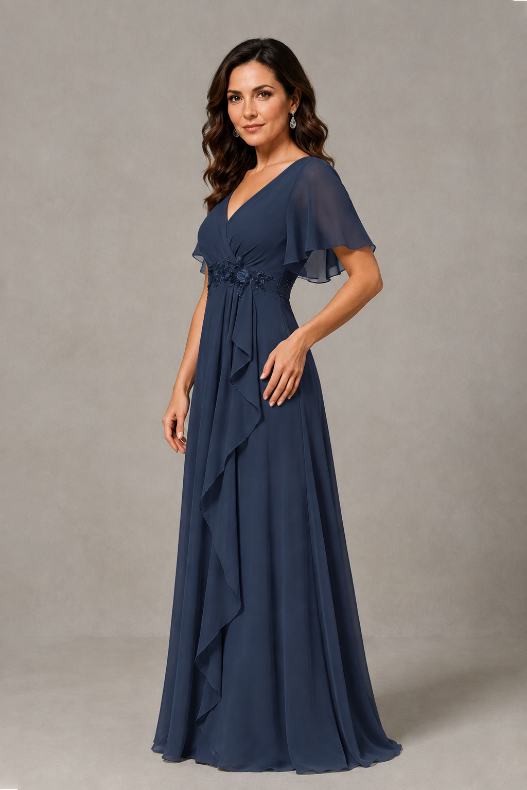 BOLODOO Navy Blue Chiffon V-Neck Flutter Sleeve Floral Applique Cascade Ruffle Lace-Up Back A-Line Maxi Evening Dress - Navy Blue