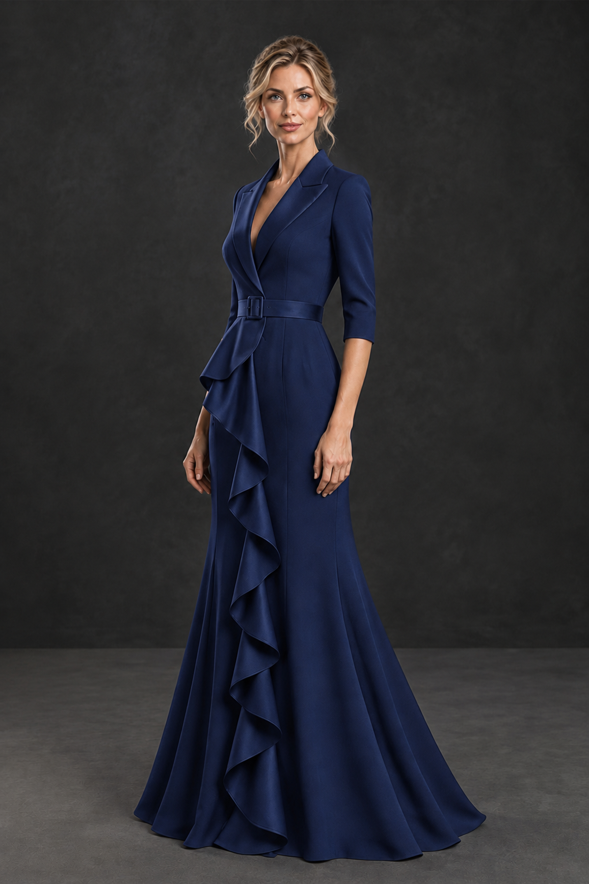 BOLODOO Navy Blue Lapel Ruffle Mother of the Bride Dress with Belt - Navy Blue - Navy Blue_3