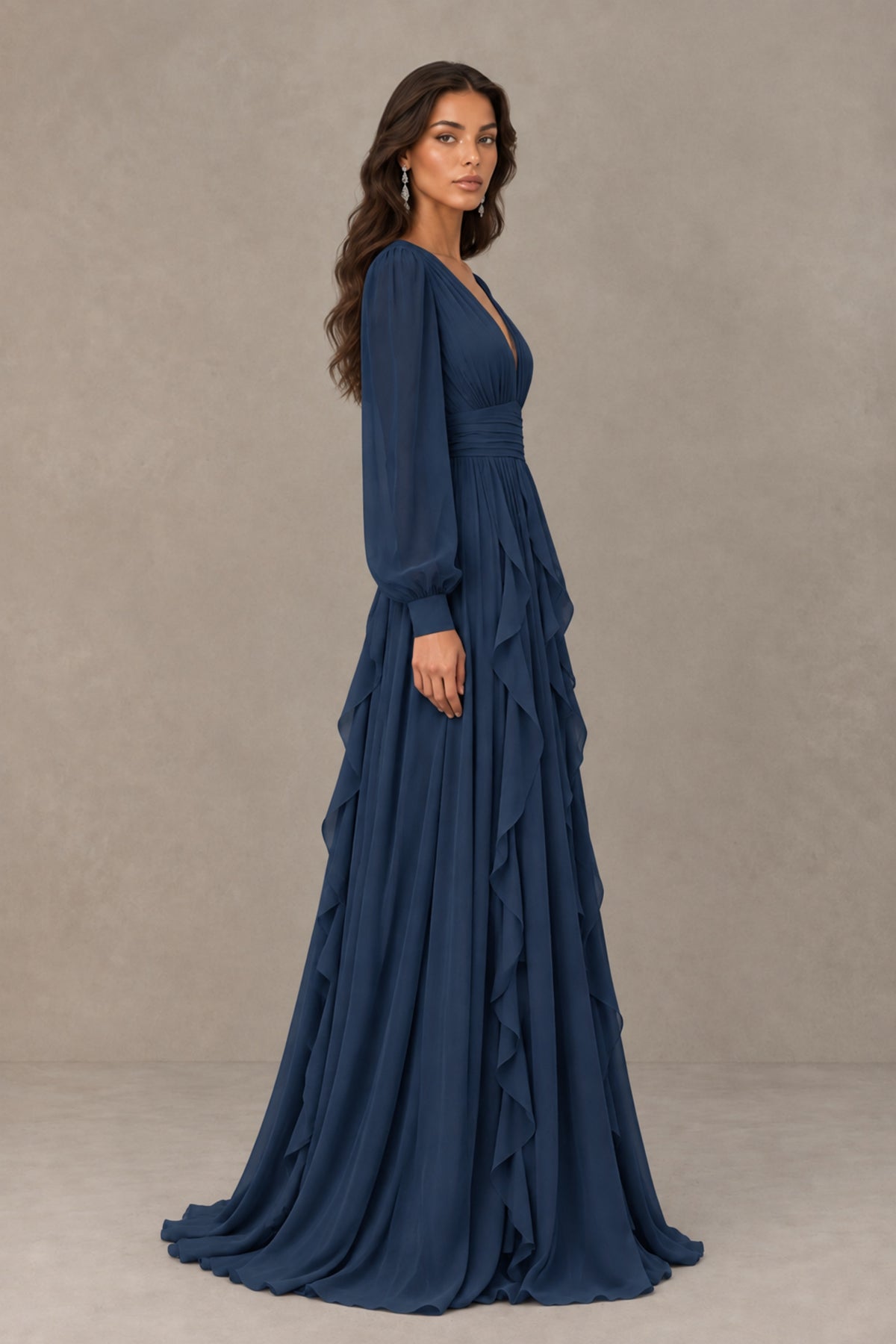 BOLODOO Navy Blue Long Sleeve V-Neck Ruffle Maxi Dress - Navy Blue