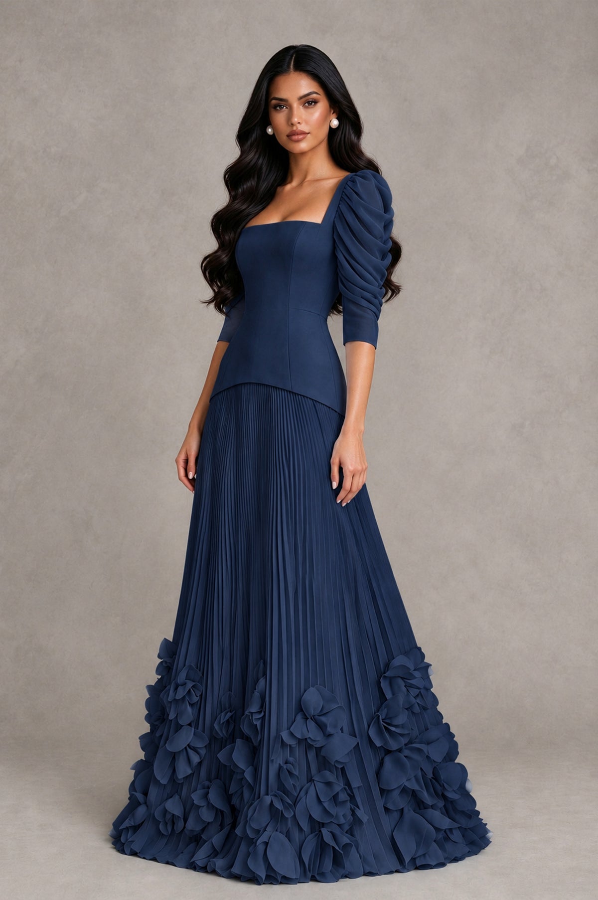 BOLODOO Navy Blue Square Neck Pleated Floral Applique Evening Dress - Navy Blue - Navy Blue_3