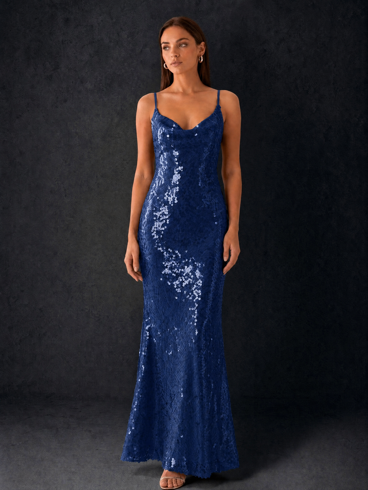 BOLODOO Bronze Sequin Cowl Neck Spaghetti Strap Mermaid Maxi Dress with Open Criss-Cross Back - Navy Blue - Navy Blue