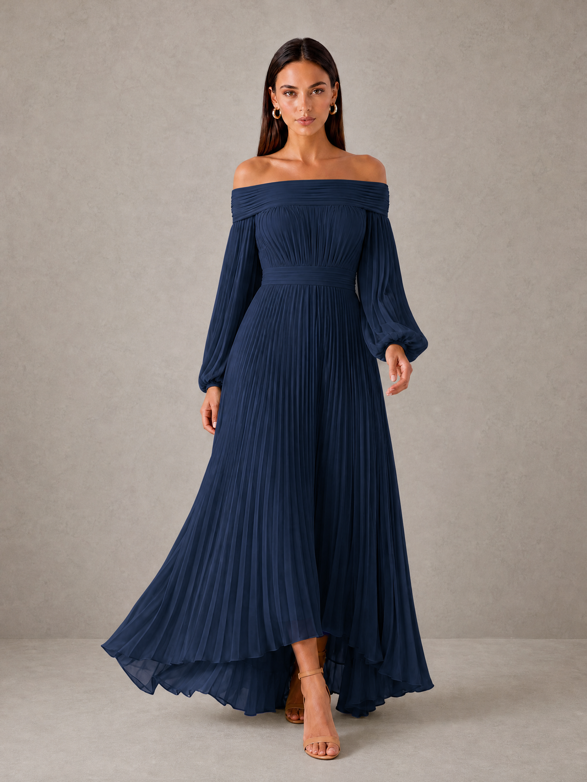 BOLODOO Navy Blue Off-Shoulder Long Sleeve Pleated High-Low Dress - Navy Blue - Navy_Blue_3
