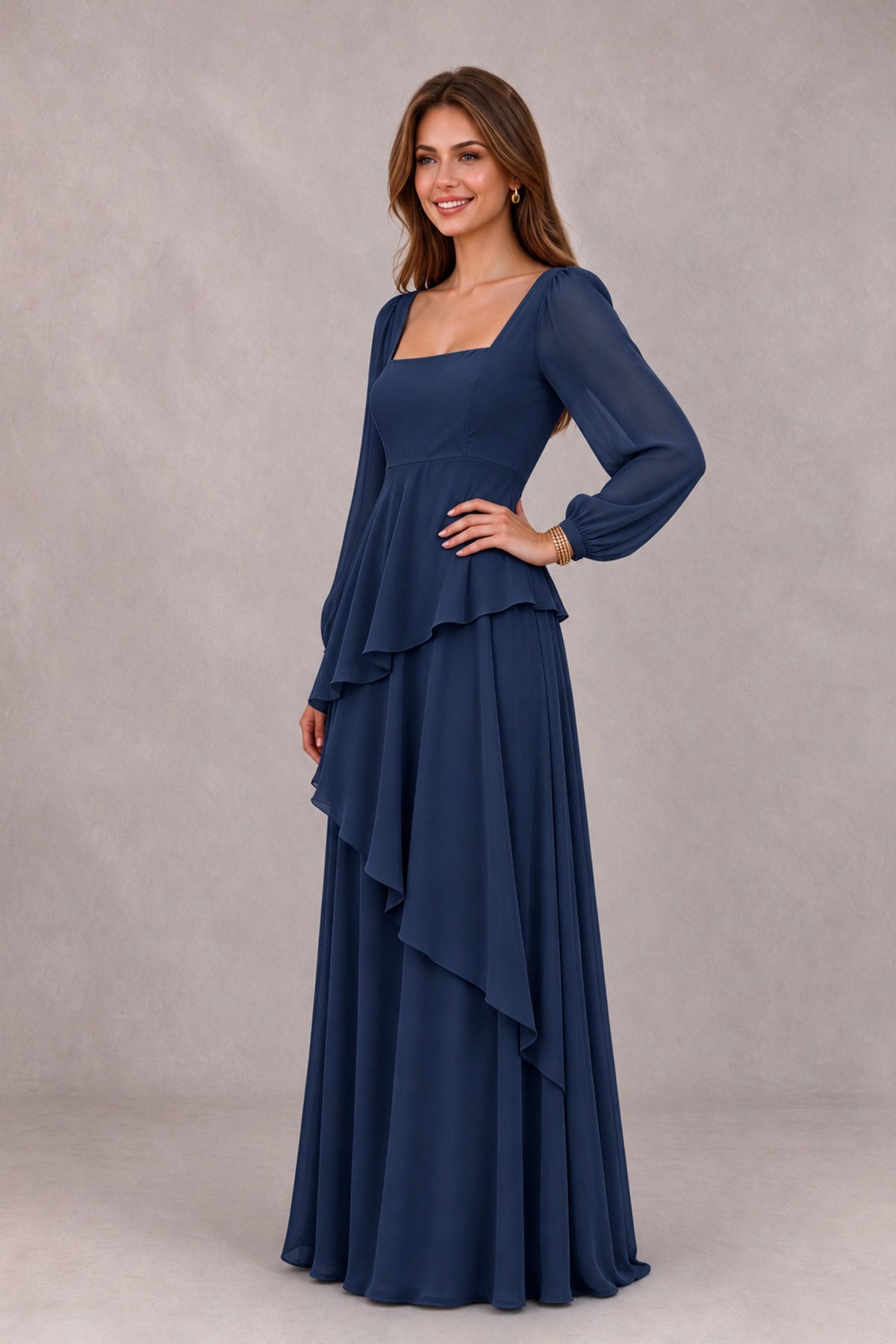 BOLODOO Navy Blue Long Sleeve Ruffle Bridesmaid Dresses - Navy Blue - Navy Blue_3