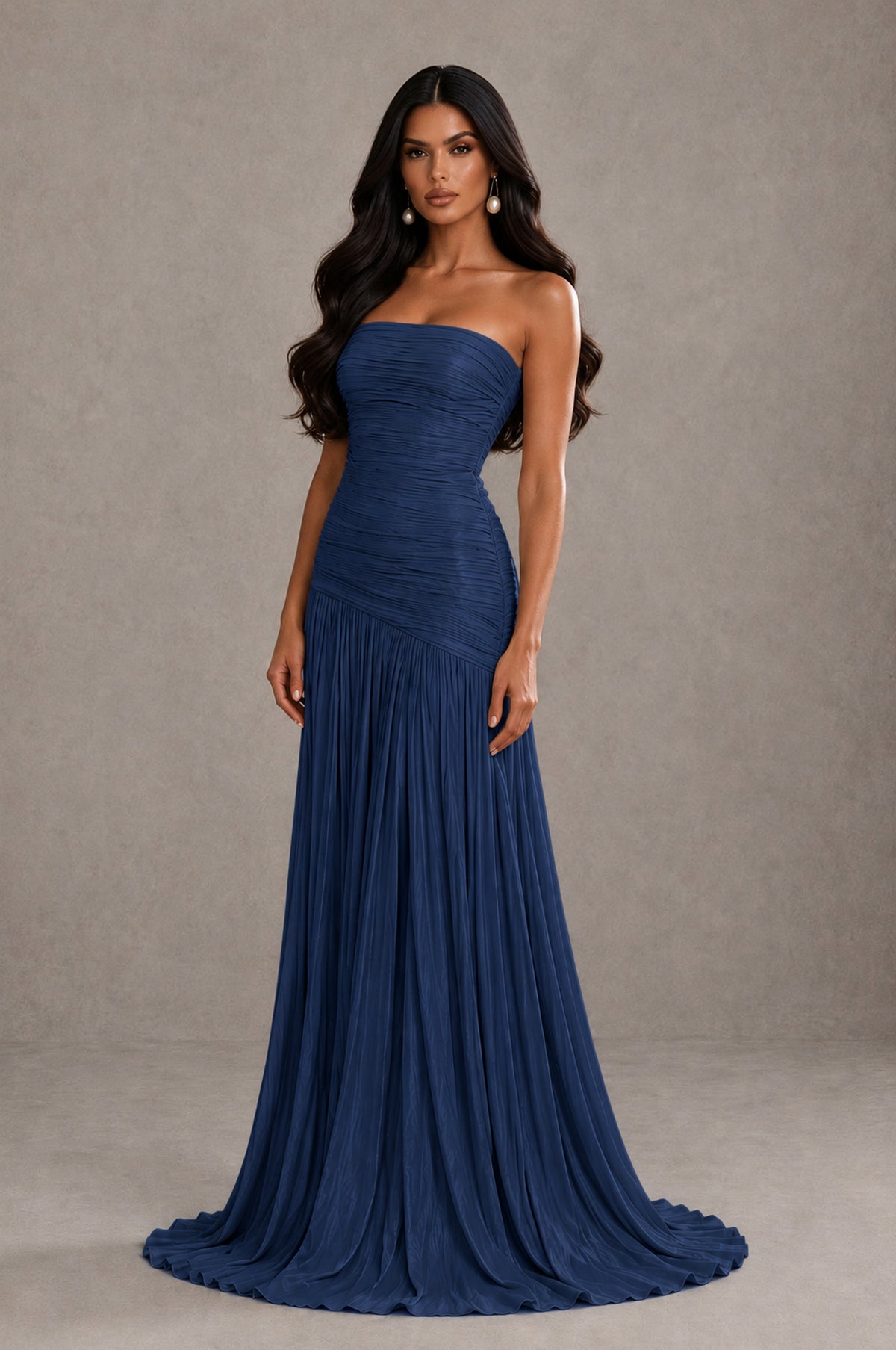 BOLODOO Navy Blue Metallic Ruched Strapless Pleated A-Line Backless Maxi Dress with Train - Navy Blue - Navy Blue_3