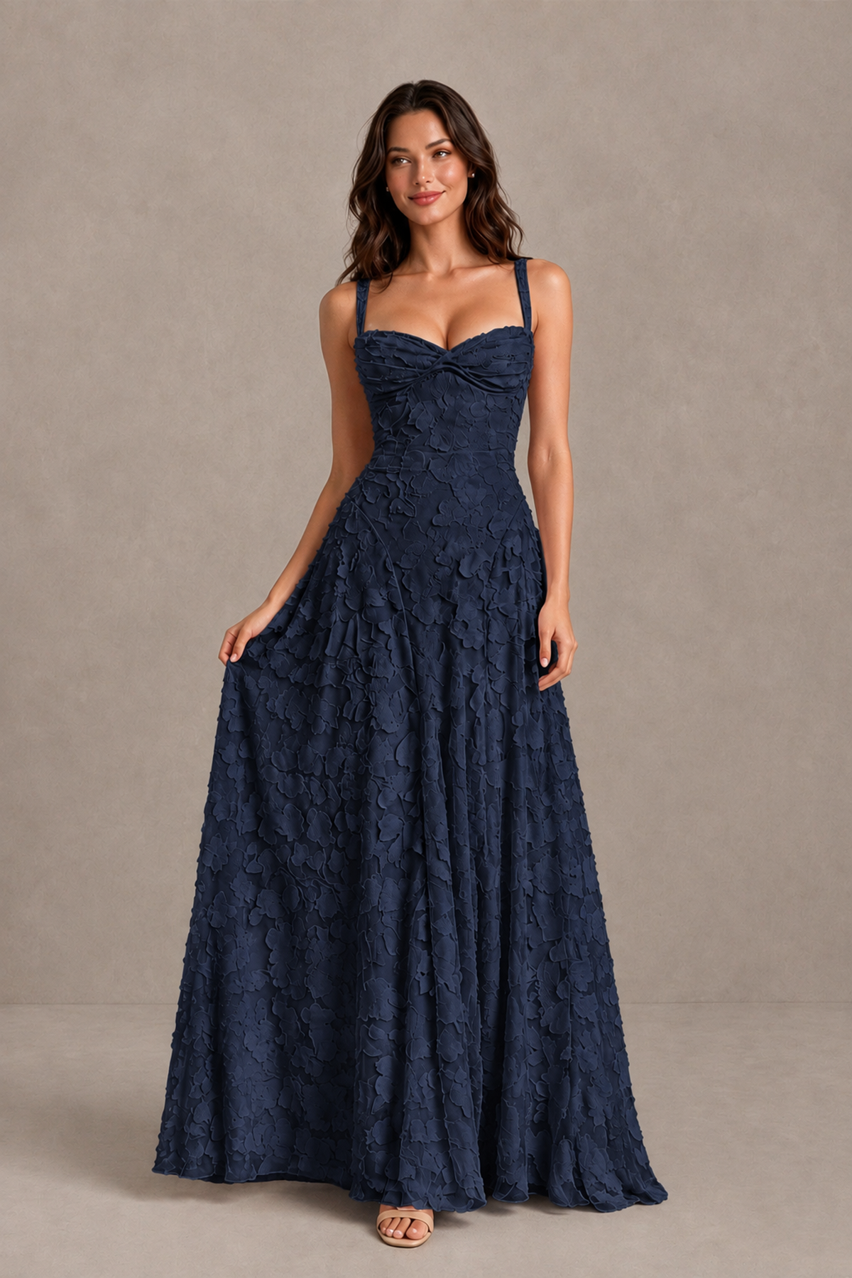 BOLODOO Navy Blue Floral-Textured A-Line Dress with Lace-Up Back - Navy Blue - Navy Blue_3