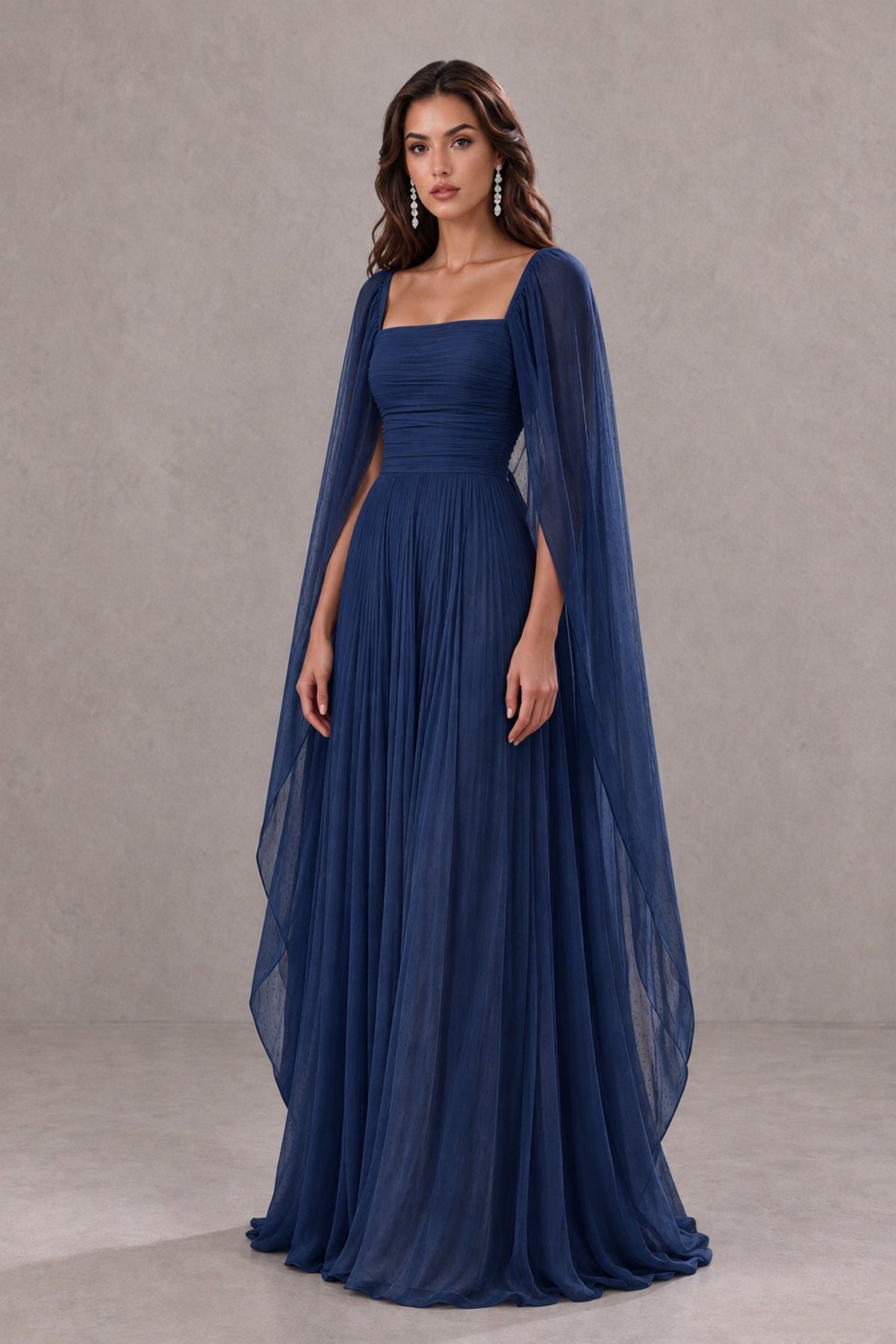 BOLODOO Navy Blue Square Neck Cape Sleeve A-Line Evening Dress - Navy Blue - Navy_Blue_3