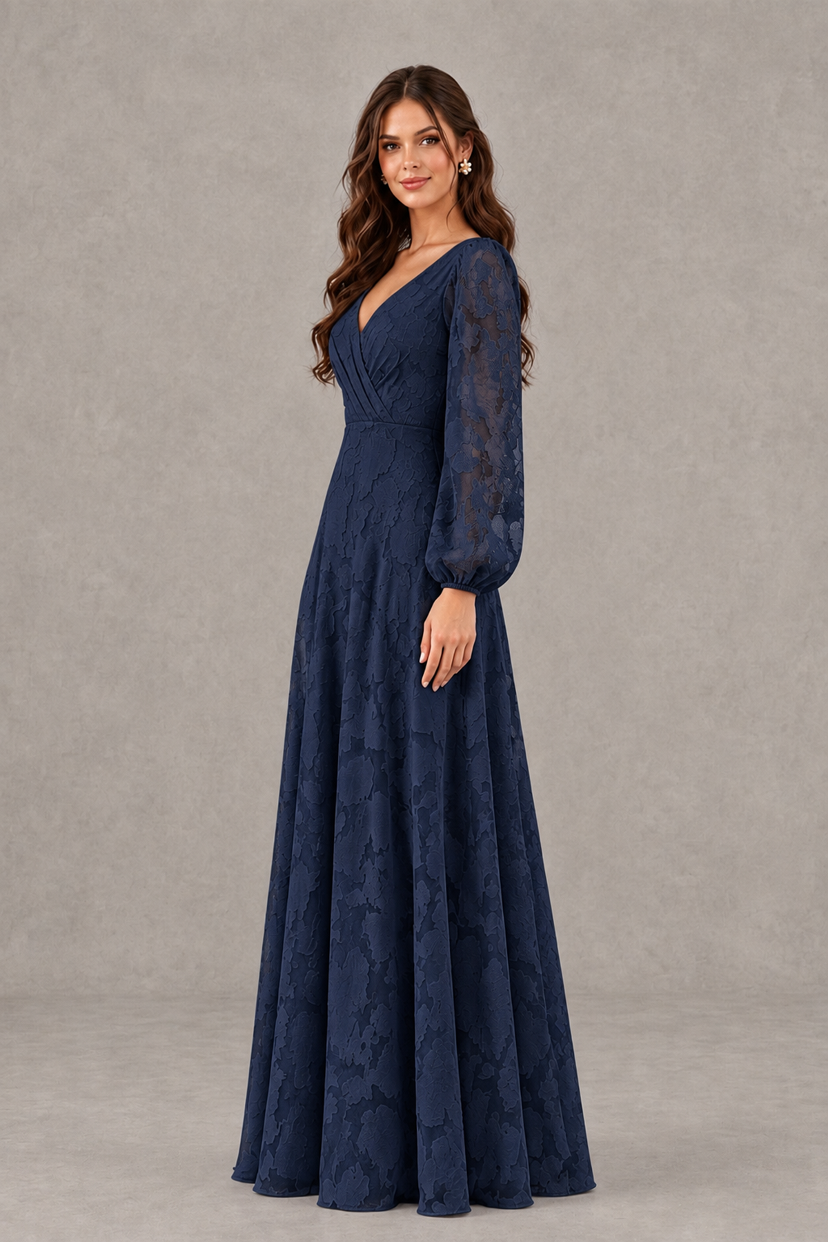BOLODOO Navy Blue Long Sleeve V-Neck A-Line Mother of the Bride Dress - Navy Blue - Navy Blue_3