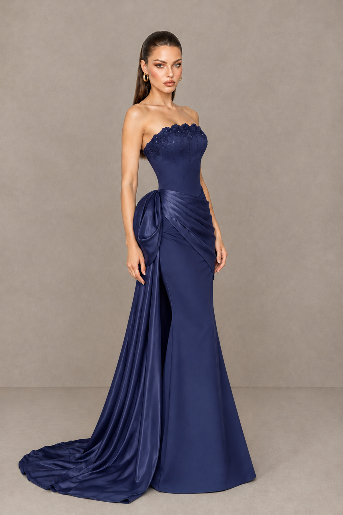BOLODOO Navy Blue Strapless Satin Prom Dress with Draped Side Train - Navy Blue - Navy_Blue_3