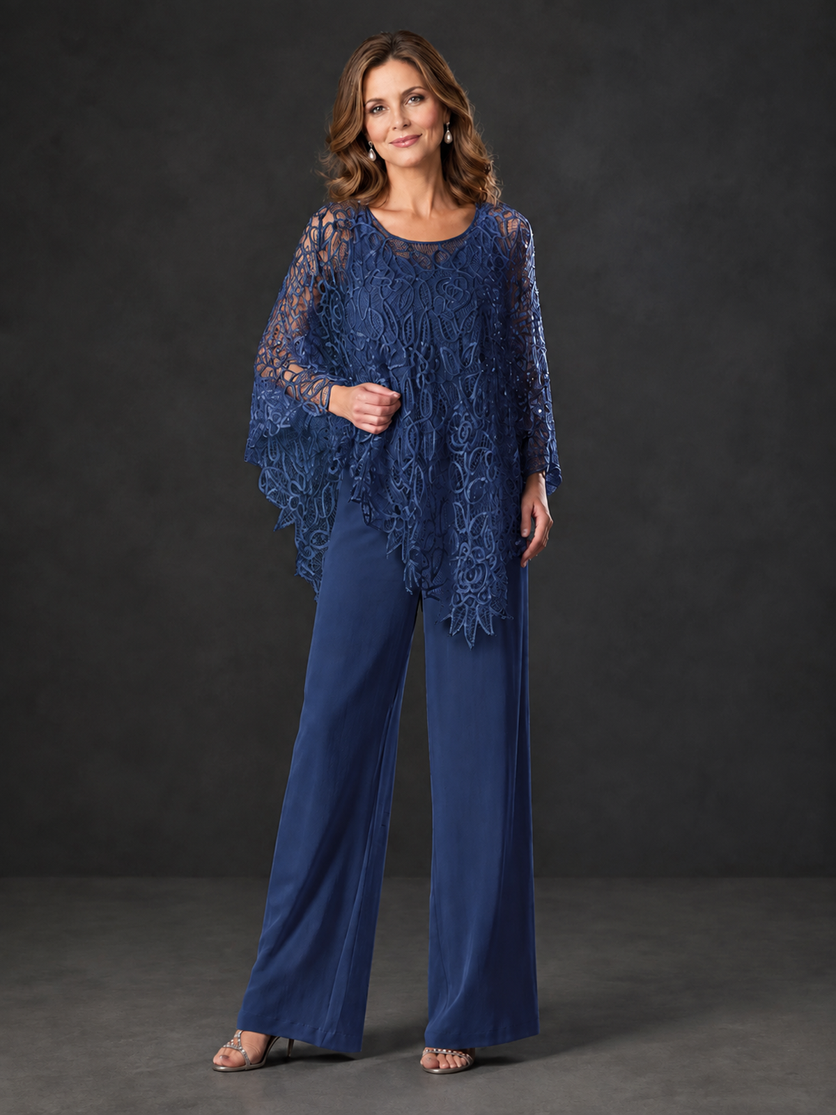 BOLODOO Navy Blue Lace Overlay Wide-Leg Pantsuit for Mothers of the Bride - Navy Blue