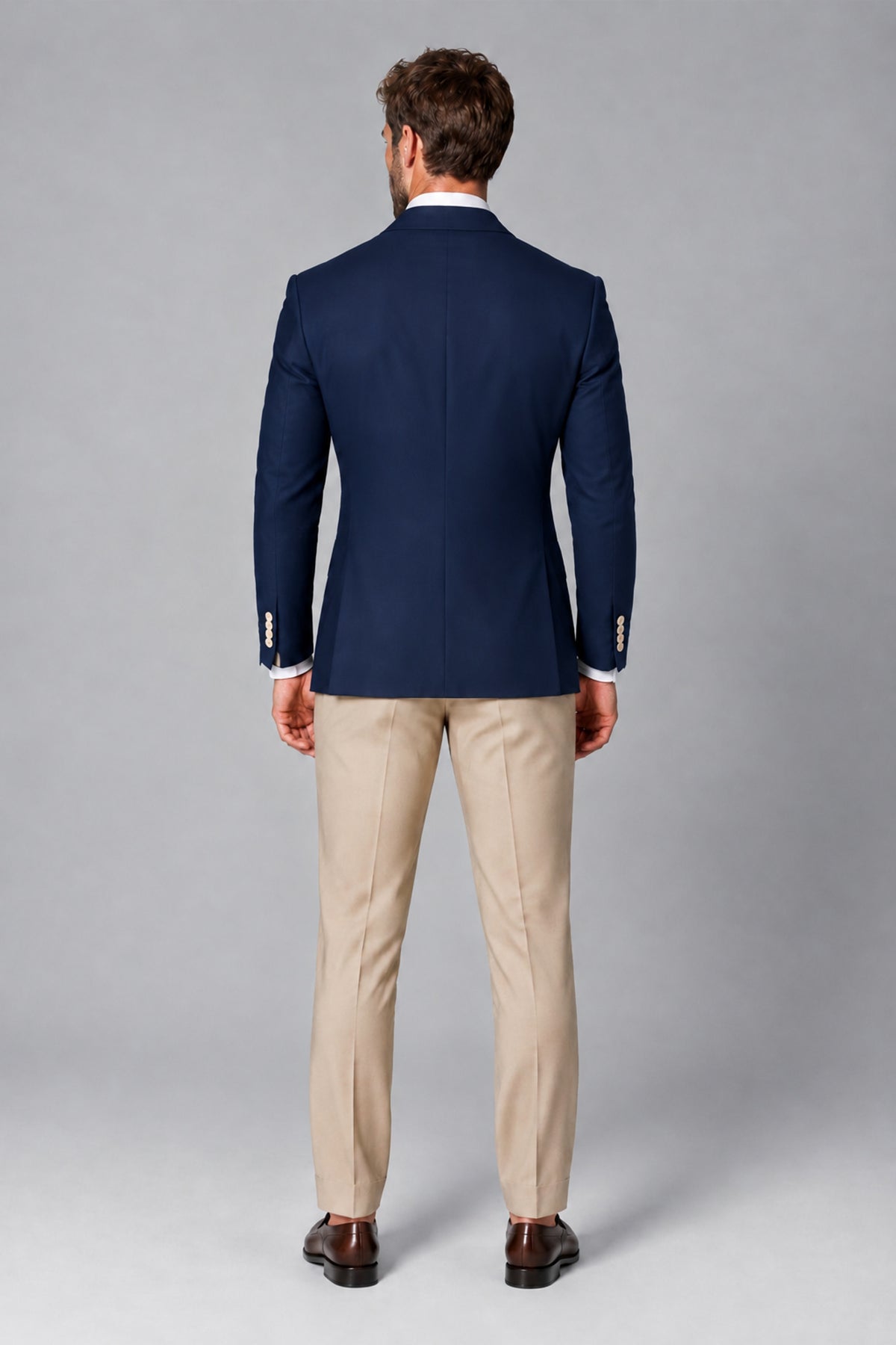 BOLODOO Men's Navy Blue Double-Breasted Blazer & Khaki Trousers Tuxedo 2-Piece Suit Set - Navy Blue - Navy Blue_3