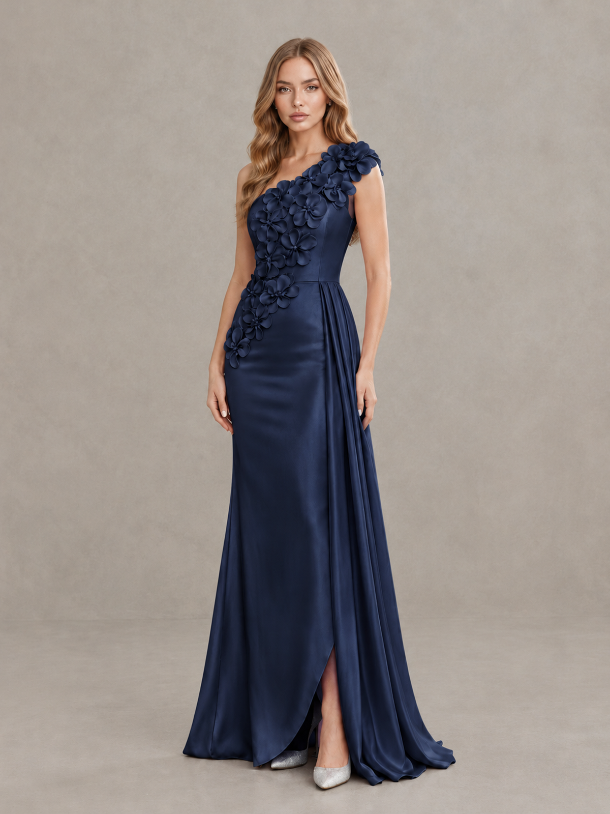 BOLODOO Navy Blue One-Shoulder Satin Mermaid Evening Gown with 3D Floral Appliqué - Navy Blue - Navy Blue_3