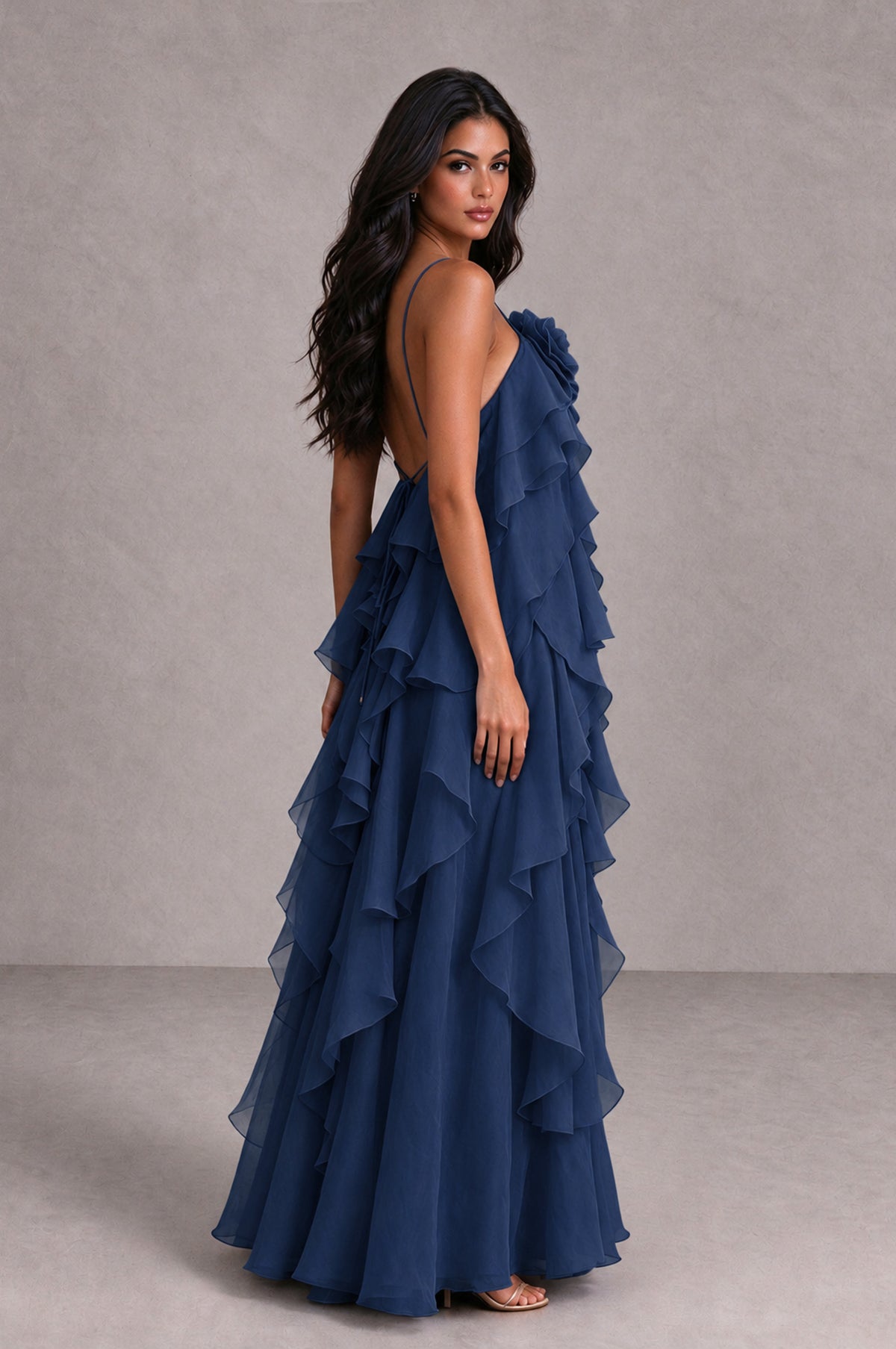 BOLODOO Navy Blue Cascading Ruffle Rosette Open-Back Maxi Dress - Navy Blue - Navy Blue_3